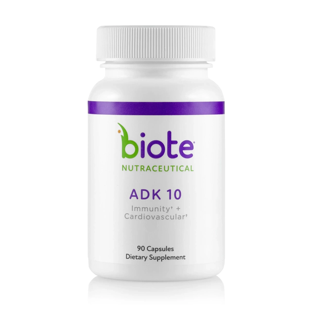Biote Nutraceuticals ADK 10 dietary supplement bottle with 90 capsules for immunity and cardiovascular support