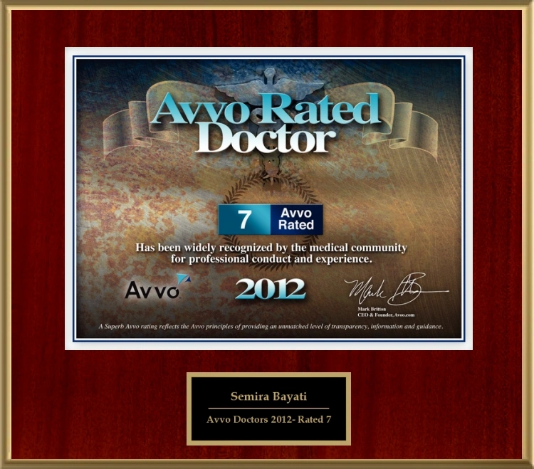Avvo Rated Doctor 2012 Award plaque with 7 Avvo Rating displayed on mahogany frame