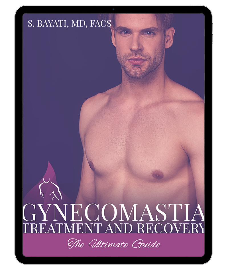 Male chest showing gynecomastia condition with medical guide book cover by Dr. S. Bavafi, MD, FACS