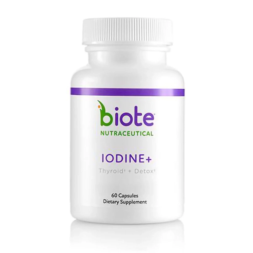 Biote Nutraceutical Iodine+ dietary supplement bottle with 60 capsules containing thyroid and adrenal support