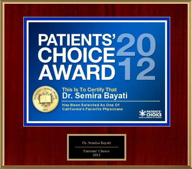 Dr. Semira Bayati Patients' Choice Award 2012 plaque for excellence in Baltimore's Favorite Physicians