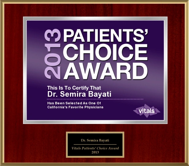 2013 Patients' Choice Award plaque for Dr. Semira Bayati, top cosmetic surgeon in California