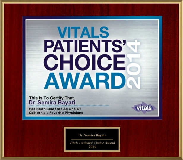 Vitals Patients' Choice Award 2014 plaque for Dr. Samira Bayati, Board Certified Plastic Surgeon