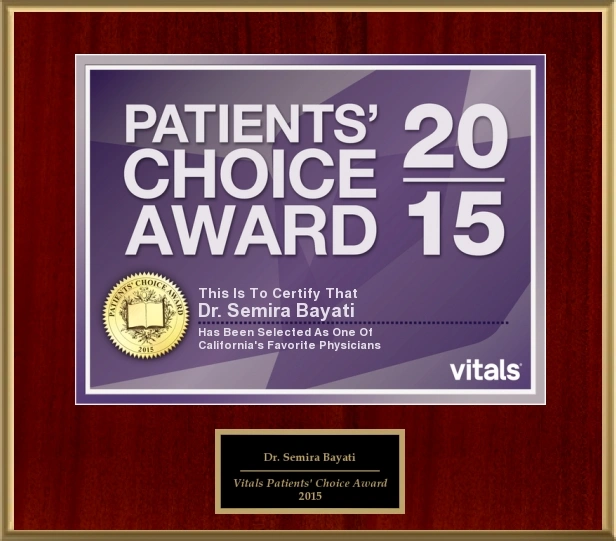 Dr. Samira Bayati Patients' Choice Award 2015 plaque for excellence in patient care and satisfaction
