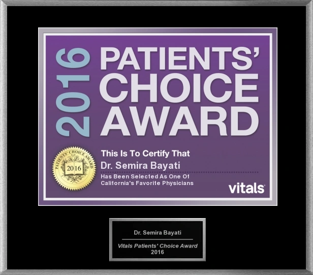 2016 Patients' Choice Award plaque for Dr. Samira Bayati displayed on black background with gold seal