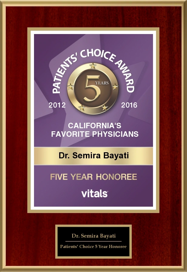 Patients Choice Award plaque for Dr. Semira Bayati, five-year honoree for favorite physician 2015-2019