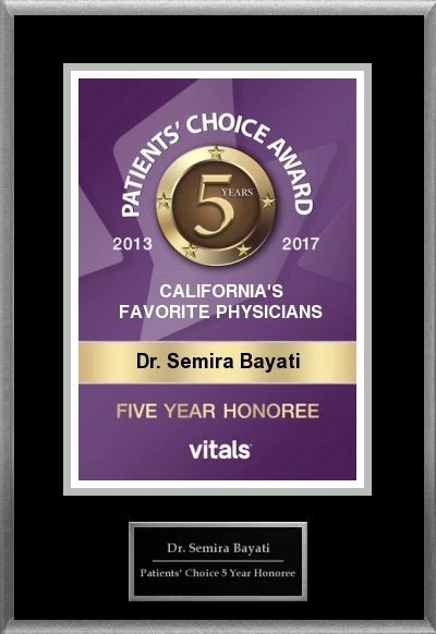 Dr. Samira Bayati Patients Choice Award plaque for California's Favorite Physicians five-year honoree