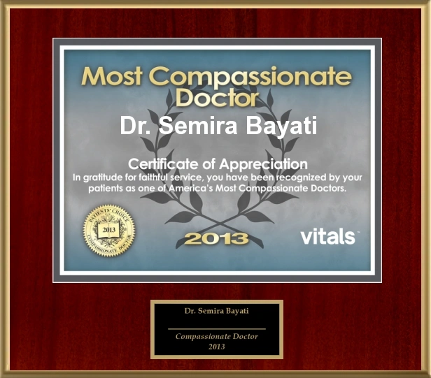 Dr. Semira Bayati Most Compassionate Doctor Award Certificate 2013 from Vitals mounted on plaque