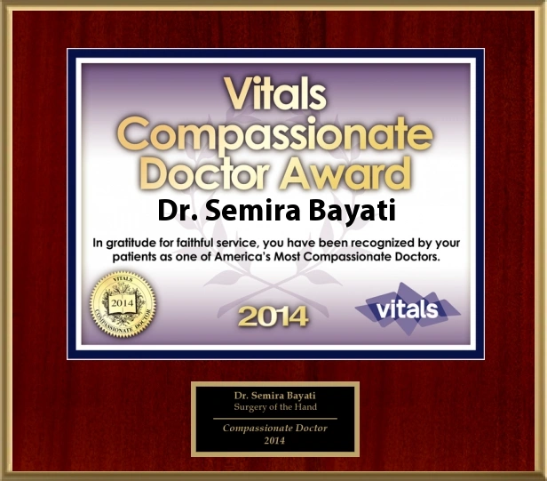 Dr. Semira Bayati Vitals Compassionate Doctor Award 2014 plaque for patient recognition in surgical care