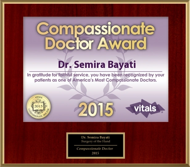 Dr. Semira Bayati Compassionate Doctor Award 2015 plaque from Vitals for patient service excellence