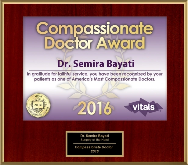 Dr. Semira Bayati's 2018 Compassionate Doctor Award plaque from Vitals for faithful service and patient care
