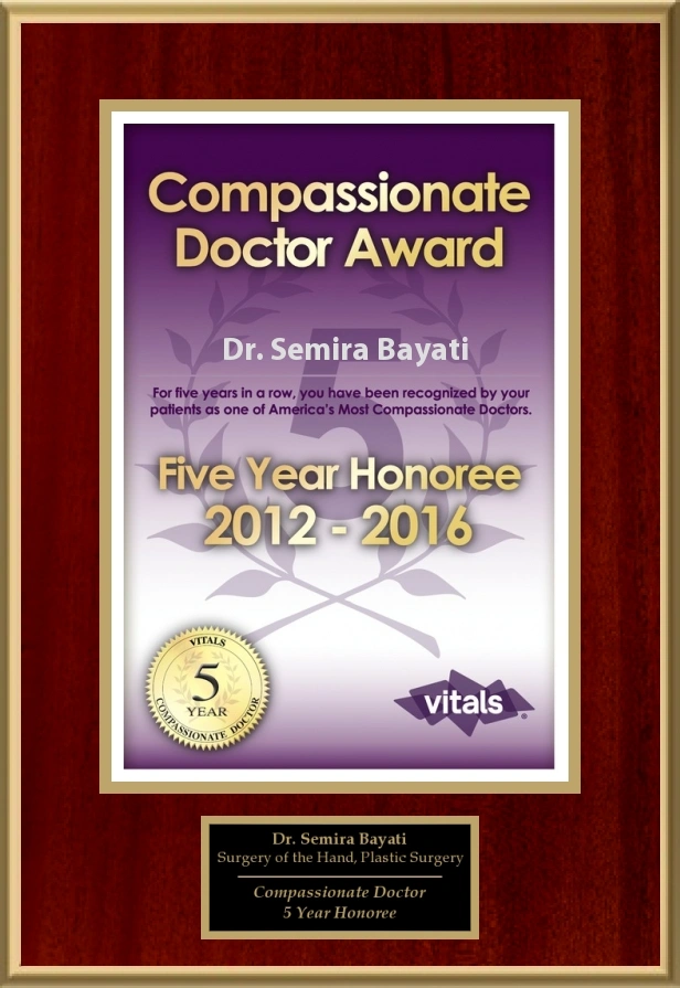 Compassionate Doctor Award plaque for Dr. Samira Bayati, Five Year Honoree 2012-2016, framed certificate
