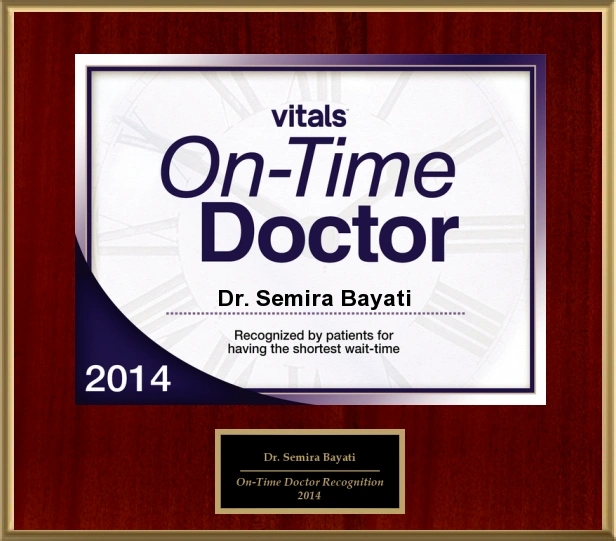Vitals On-Time Doctor award plaque for Dr. Semira Bayati recognizing shortest wait-time in 2014