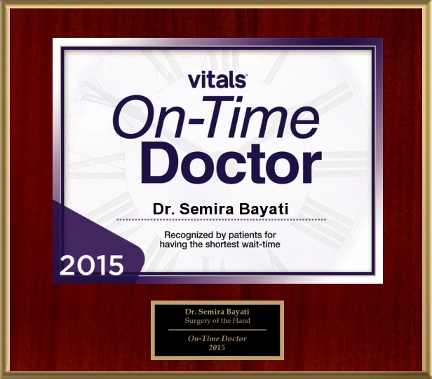 Award plaque recognizing Dr. Semira Bayati as Vitals On-Time Doctor 2015 for shortest patient wait-time