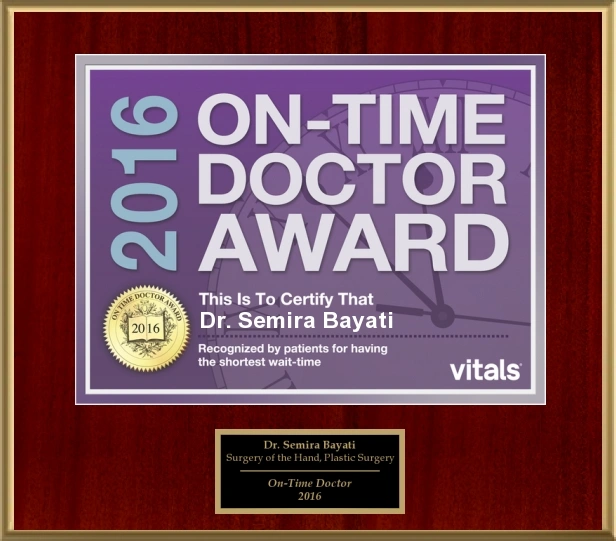 2016 On-Time Doctor Award plaque honoring Dr. Semira Bayati for patient punctuality recognition