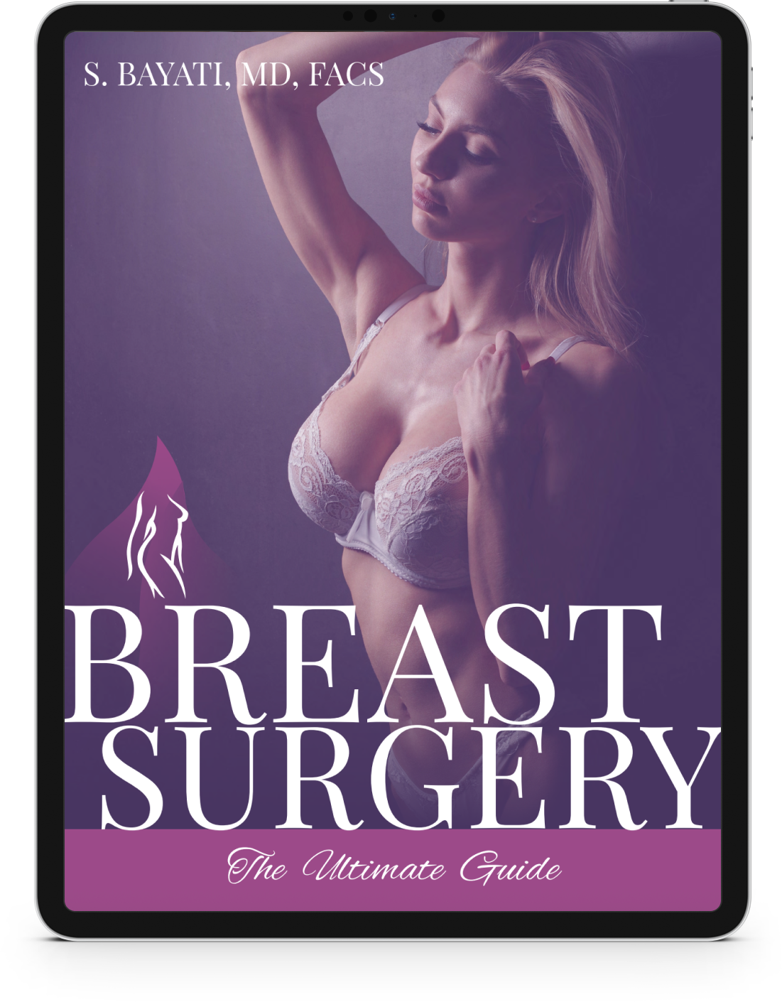 Breast Surgery: The Ultimate Guide book cover by S. Ravali showing woman in white lace lingerie on purple background
