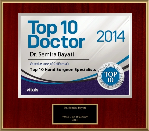 Award plaque recognizing Dr. Semira Bayati as Top 10 Doctor 2014 for Hand Surgeon Specialists in California